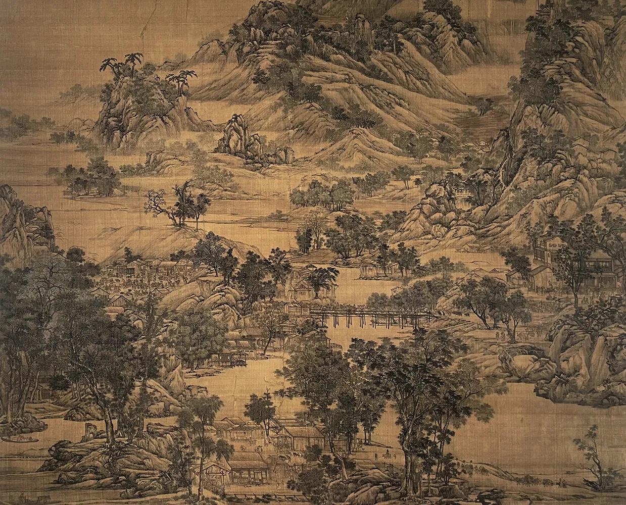 名画欣赏：明 佚名《水村集图》
 纵130厘米 横157厘米
 西安美术学院美术