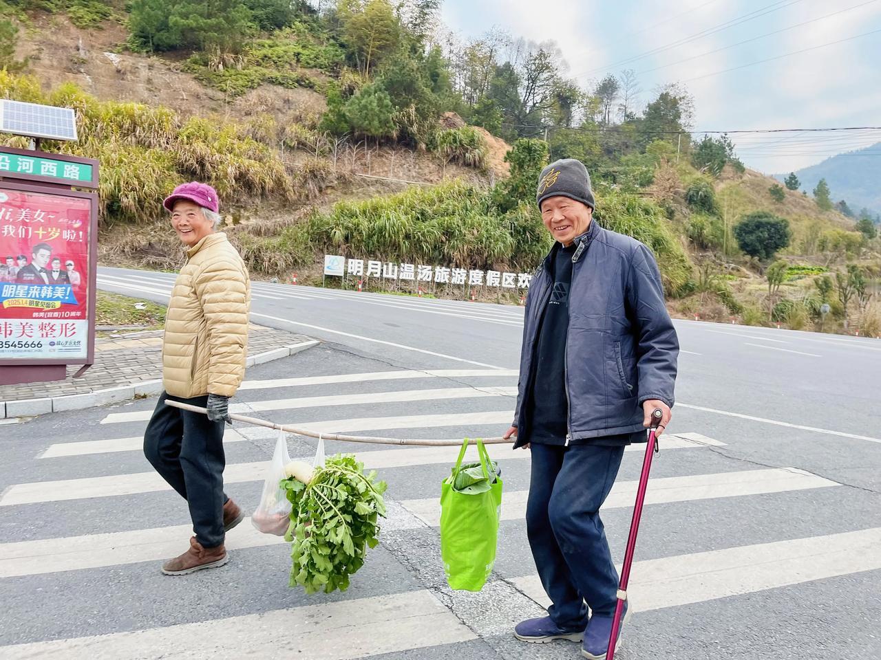 冬日生活打卡季看，这对老夫妻挑了那么多菜，都要拿棍子来抬了。