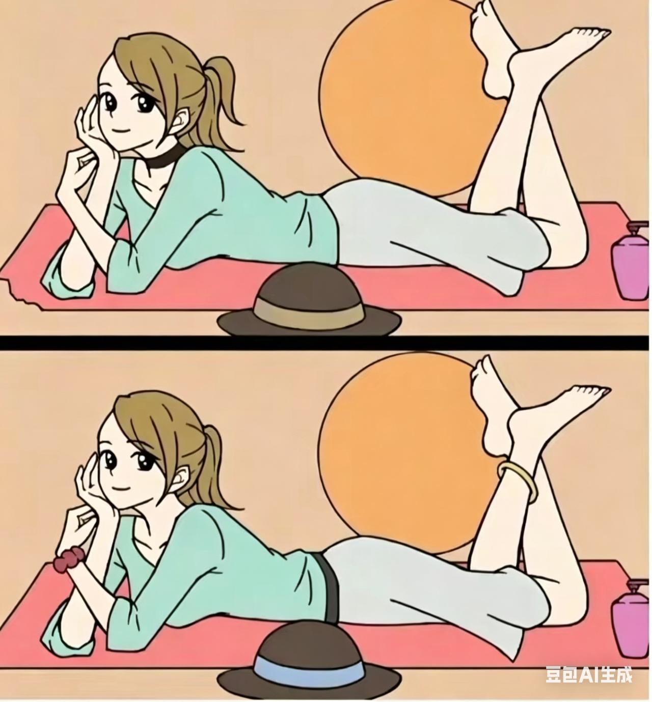 考验眼力，来找不同之处
两位美女姐姐手托下巴，匍匐在地上的姿态十分潇洒，不过你能