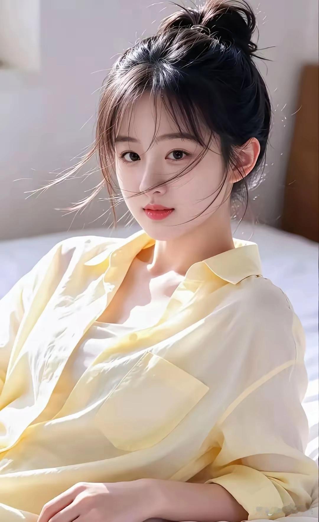 阳光洒落，温柔少女，浅黄色衬衫，清新自然。