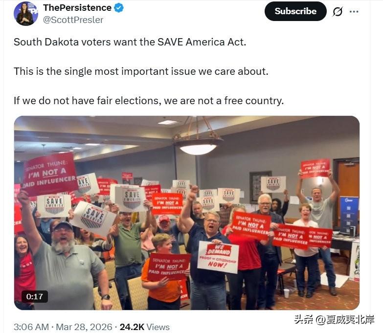 南达科他州的选民们支持《拯救美国法案》（SAVE America Act）。
 