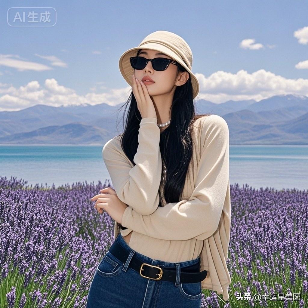 海边姑娘看花，风景美如画。