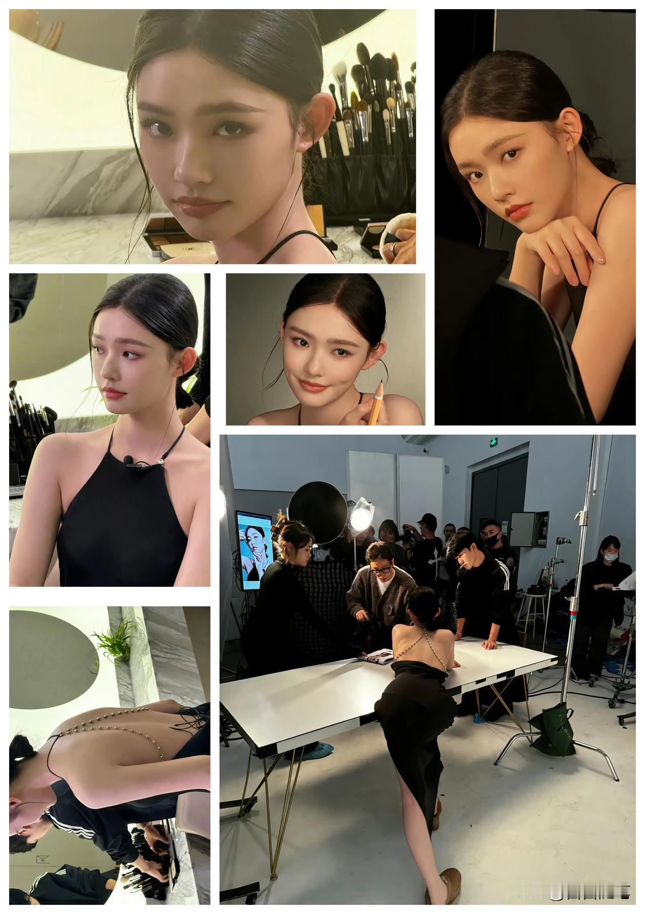 黑色吊带美背露肩，林允的美还在发掘中。