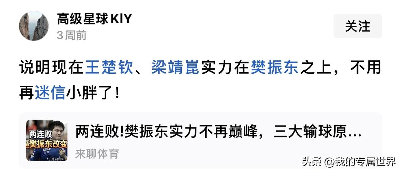 樊振东不打国际比赛才多久，就一个个跳出来，大言不惭说王楚钦、梁靖崑现在实力已经超