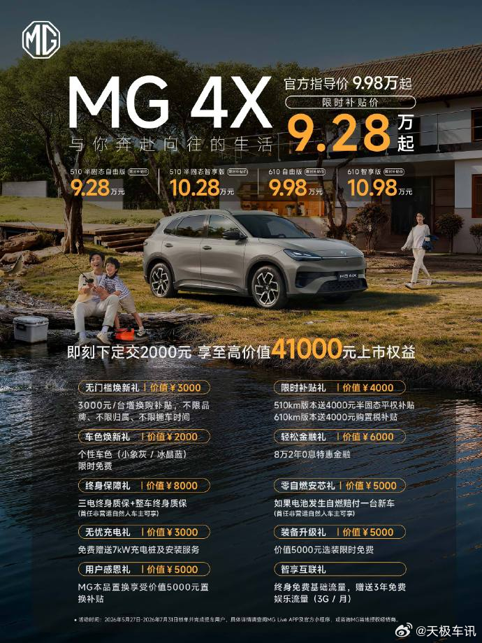 610km宁德时代电池SUV打入10万内 5月27日，MG 4X 正式上市，限时
