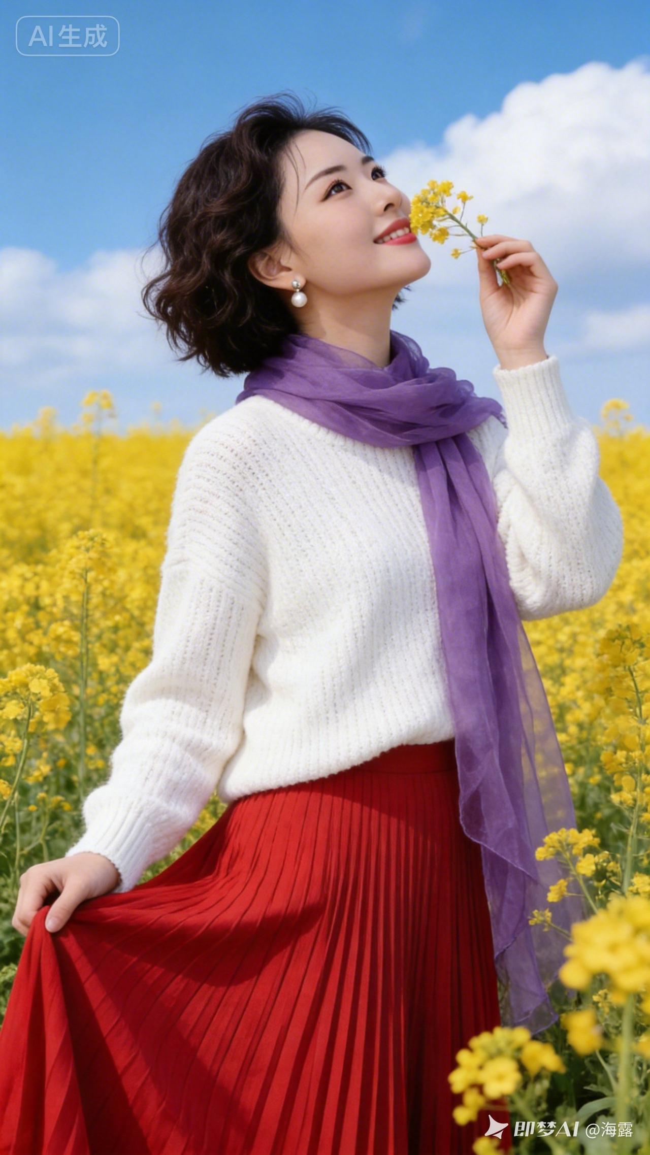 紫巾拂面花间笑，红裙拂地春意浓。