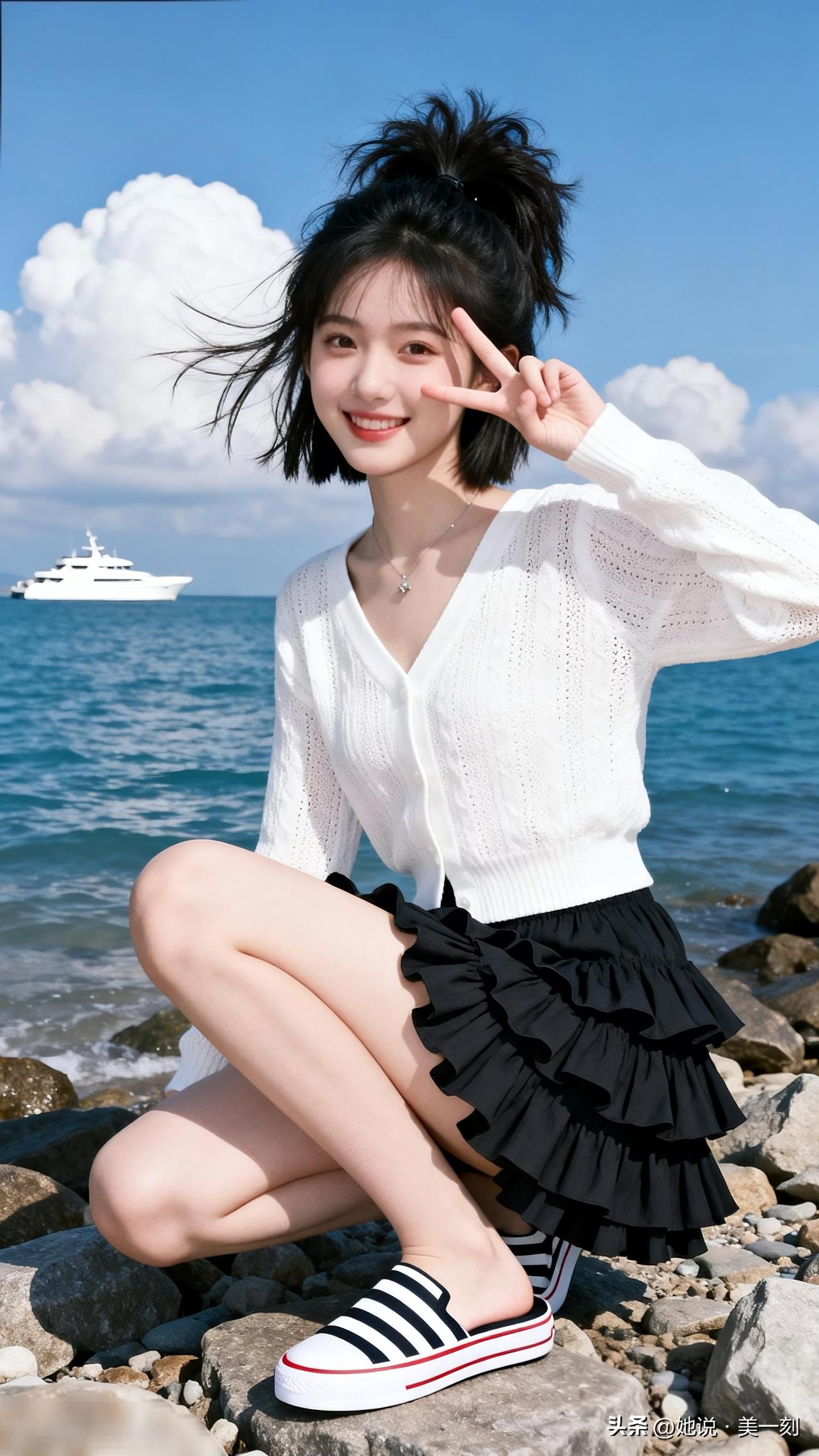 海边少女风，白衬衫+黑裙，阳光灿烂，海浪轻拍，心情愉悦！🌊💙👗👟