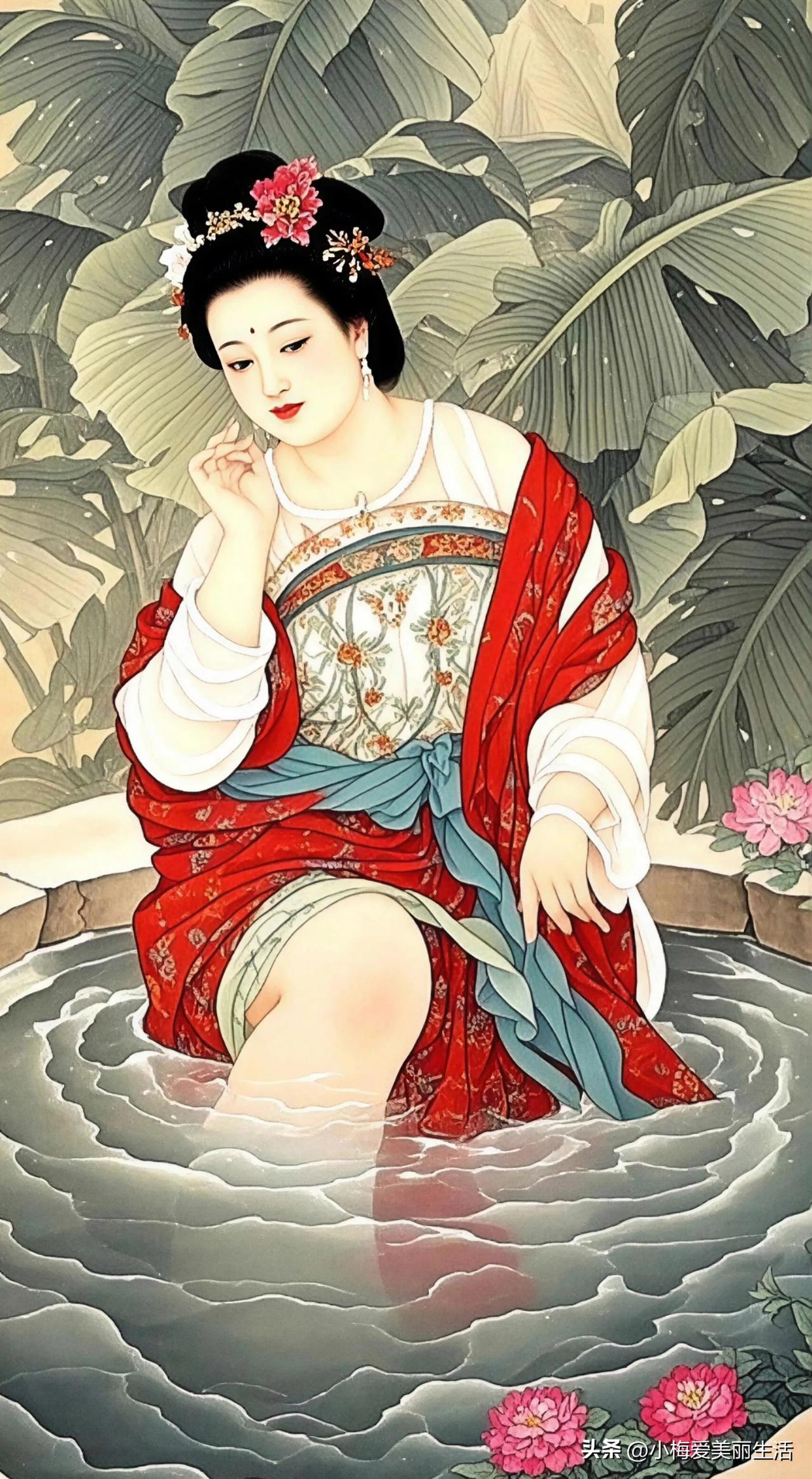 红衣美人浴，花影映清波。