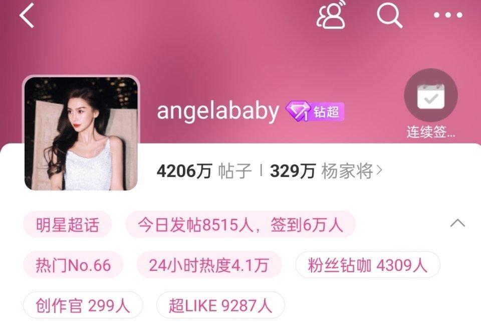 angelababy超话发帖量突破4200万了半个月时间发了200万的帖子，鼻粉