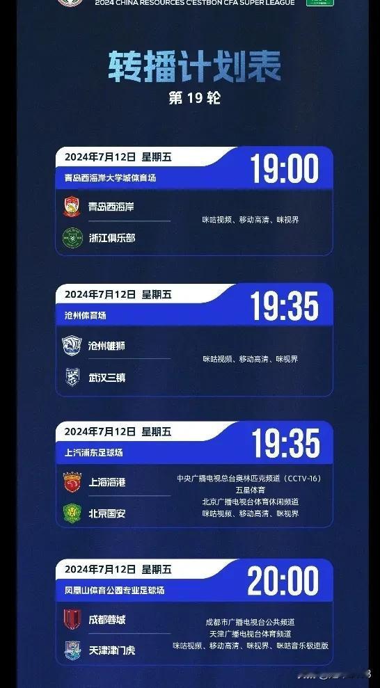 12日，2024赛季中超第19轮4场比赛裁判安排及转播平台。

7月12日，20