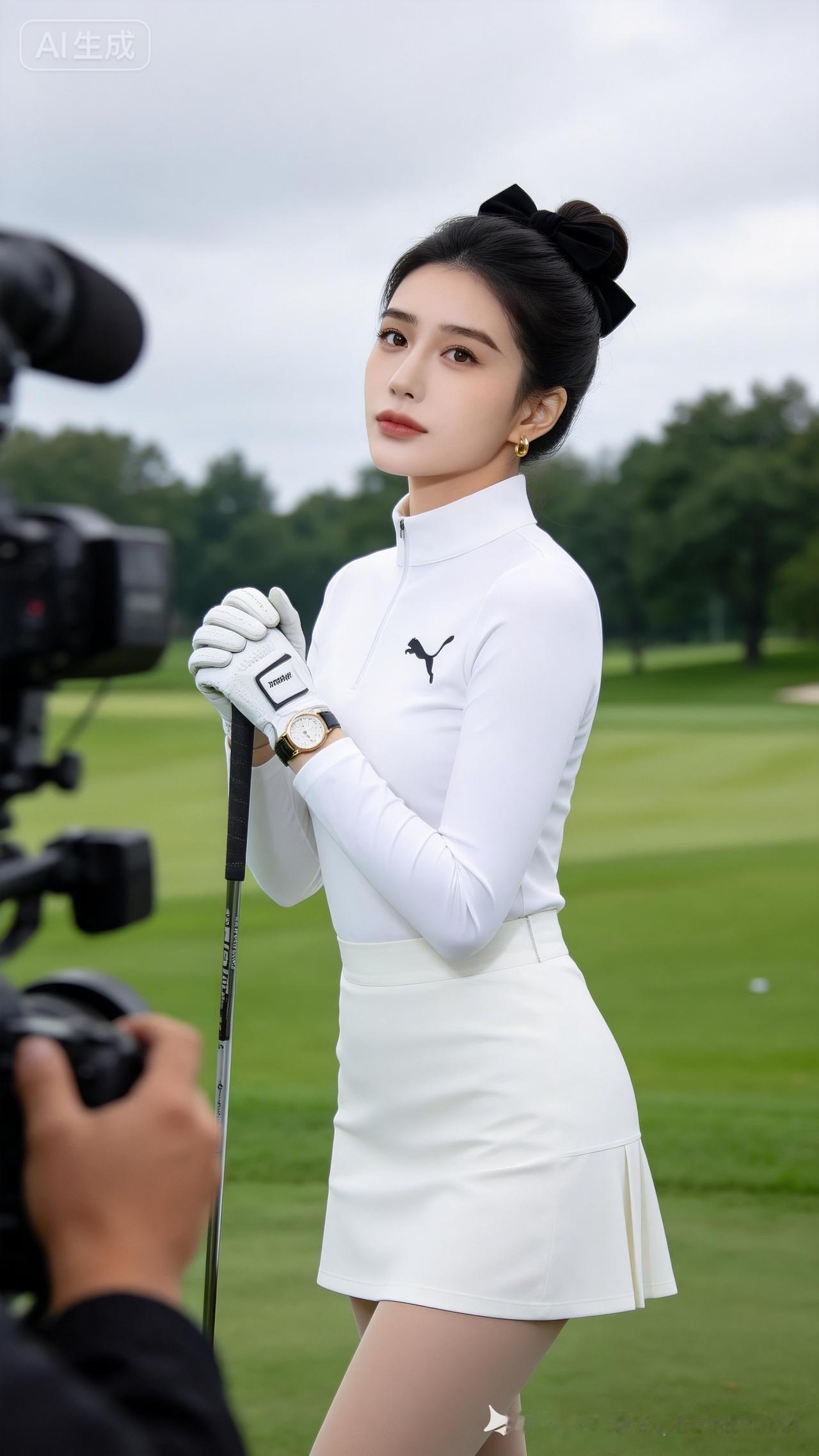 东亚高挑女子，黑长发盘起配黑色大发圈，鹅蛋脸丹凤眼，冷白皮清透淡妆。着白色彪马高