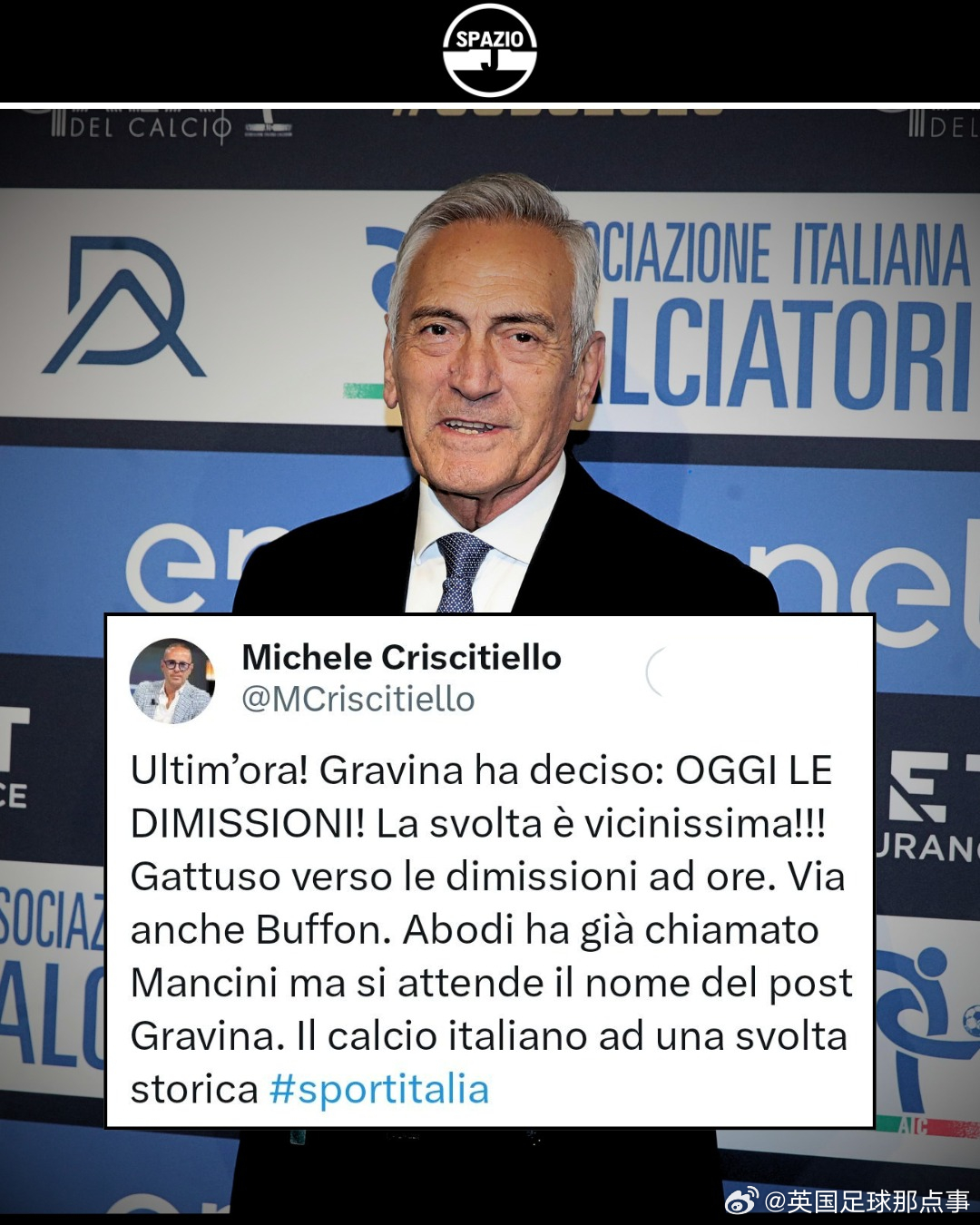 记者Michele Criscitiello：意足协主席格拉维纳已决定今天辞职，