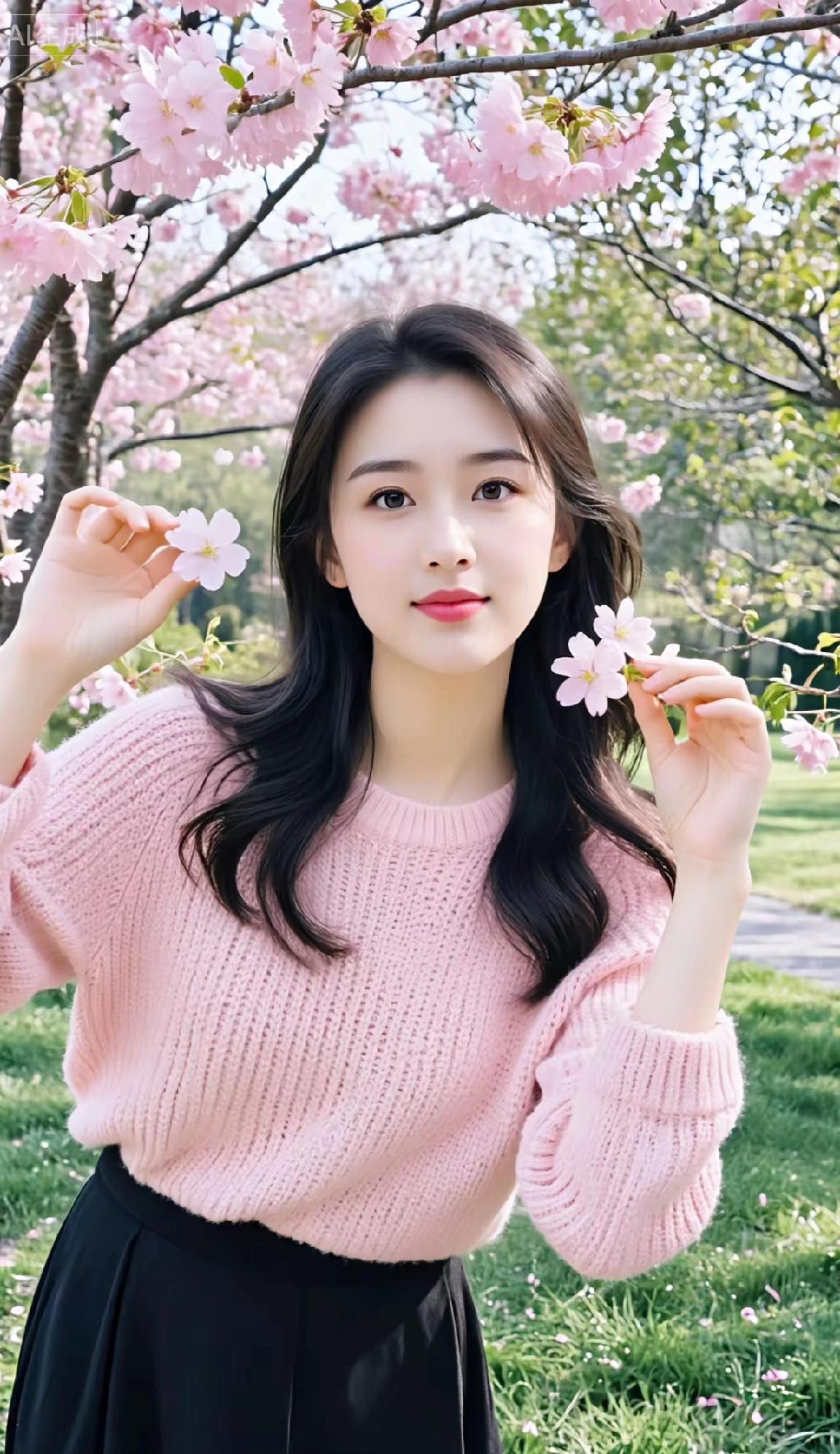 樱花树下，温柔少女，粉色毛衣，黑裙飘逸，春日浪漫。生活随手所拍