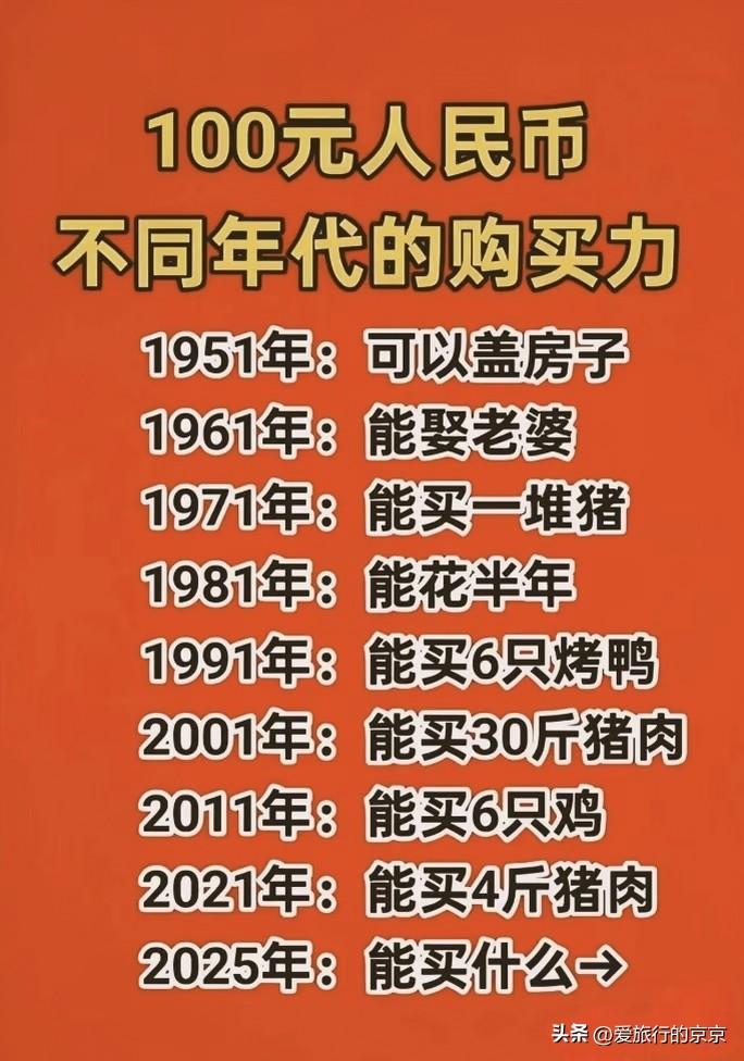 100元人民币，在不同年代的购买力
小时候，一毛钱就能买好几块水果糖，能买一斤酱