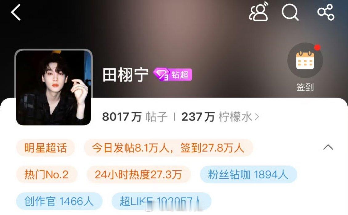 田栩宁超话帖子突破8000万，超like近20万 男顶流来了 