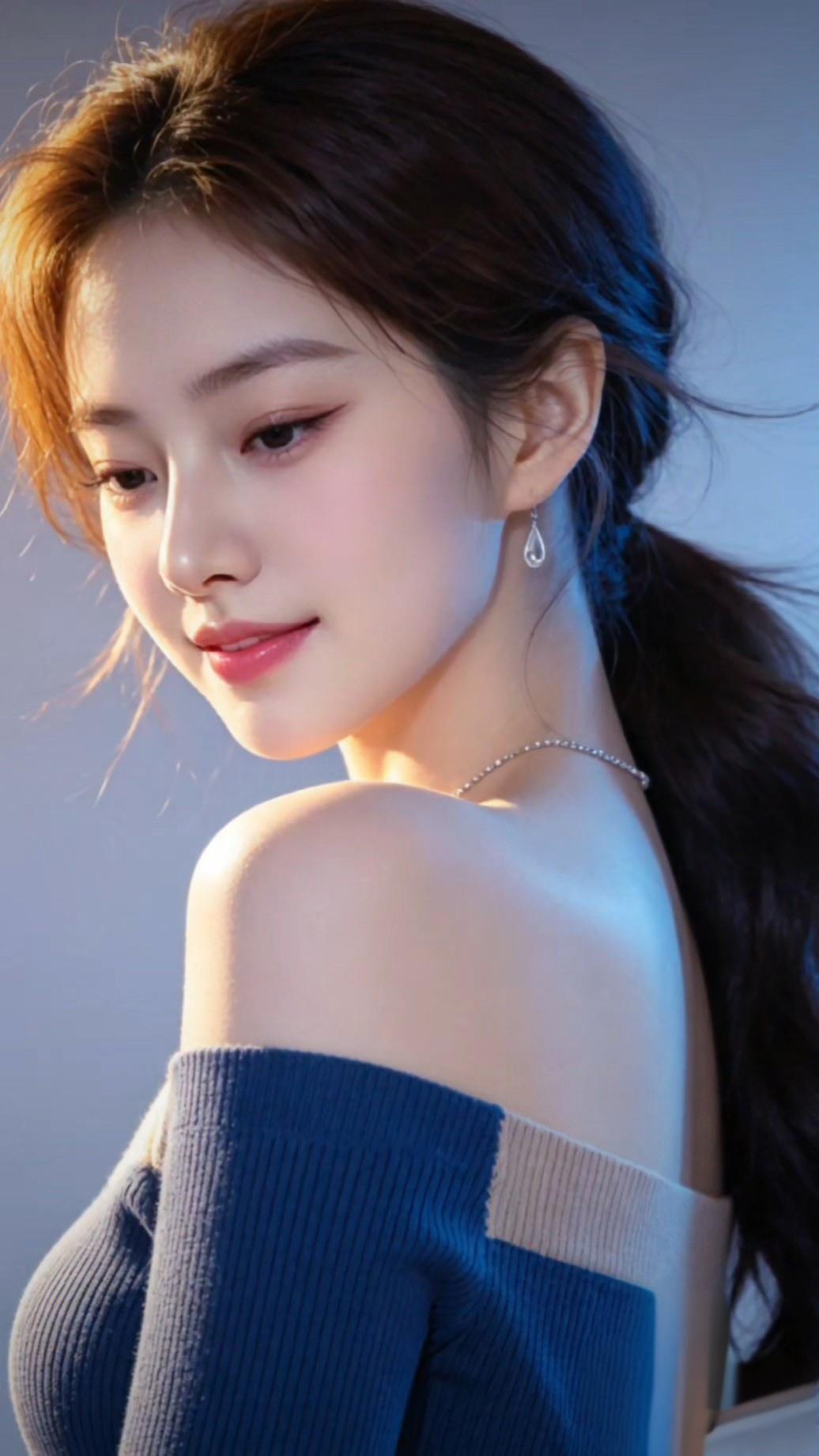 温柔甜美的少女，蓝色毛衣搭配珍珠耳环，散发迷人魅力！💖✨