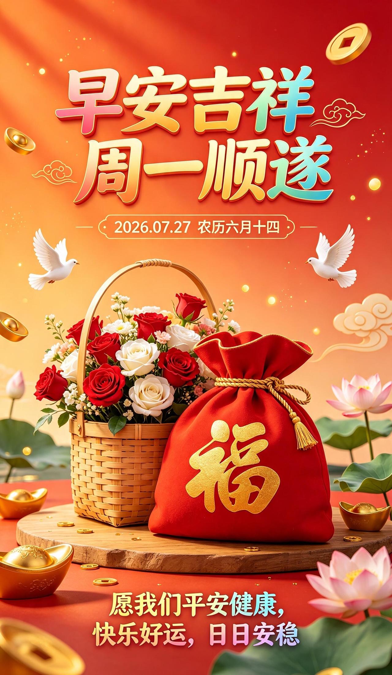 周一清晨，送上暖心问候🍃！今日7月27日，湿热伏天记得多补水、清淡饮食。放下昨