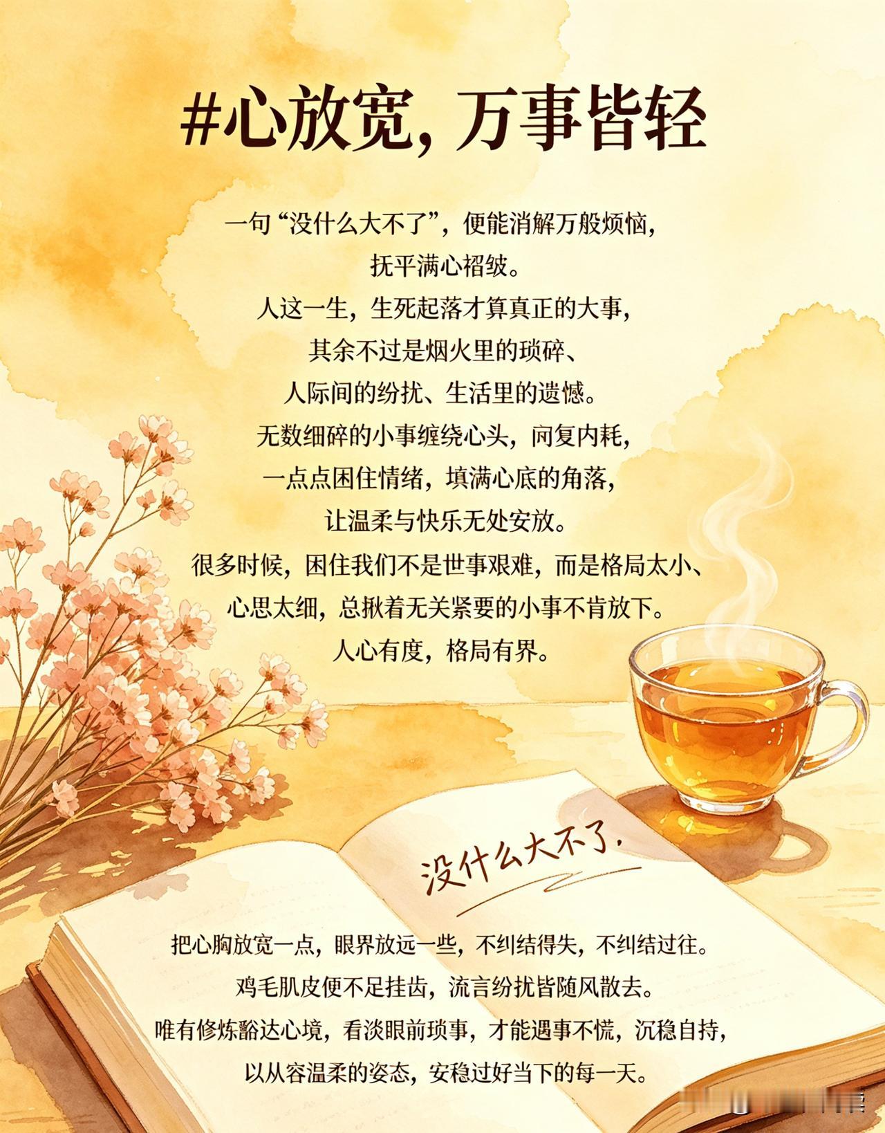 心放宽，万事皆轻
 
一句“没什么大不了”，便能消解万般烦恼，抚平满心褶皱。人这