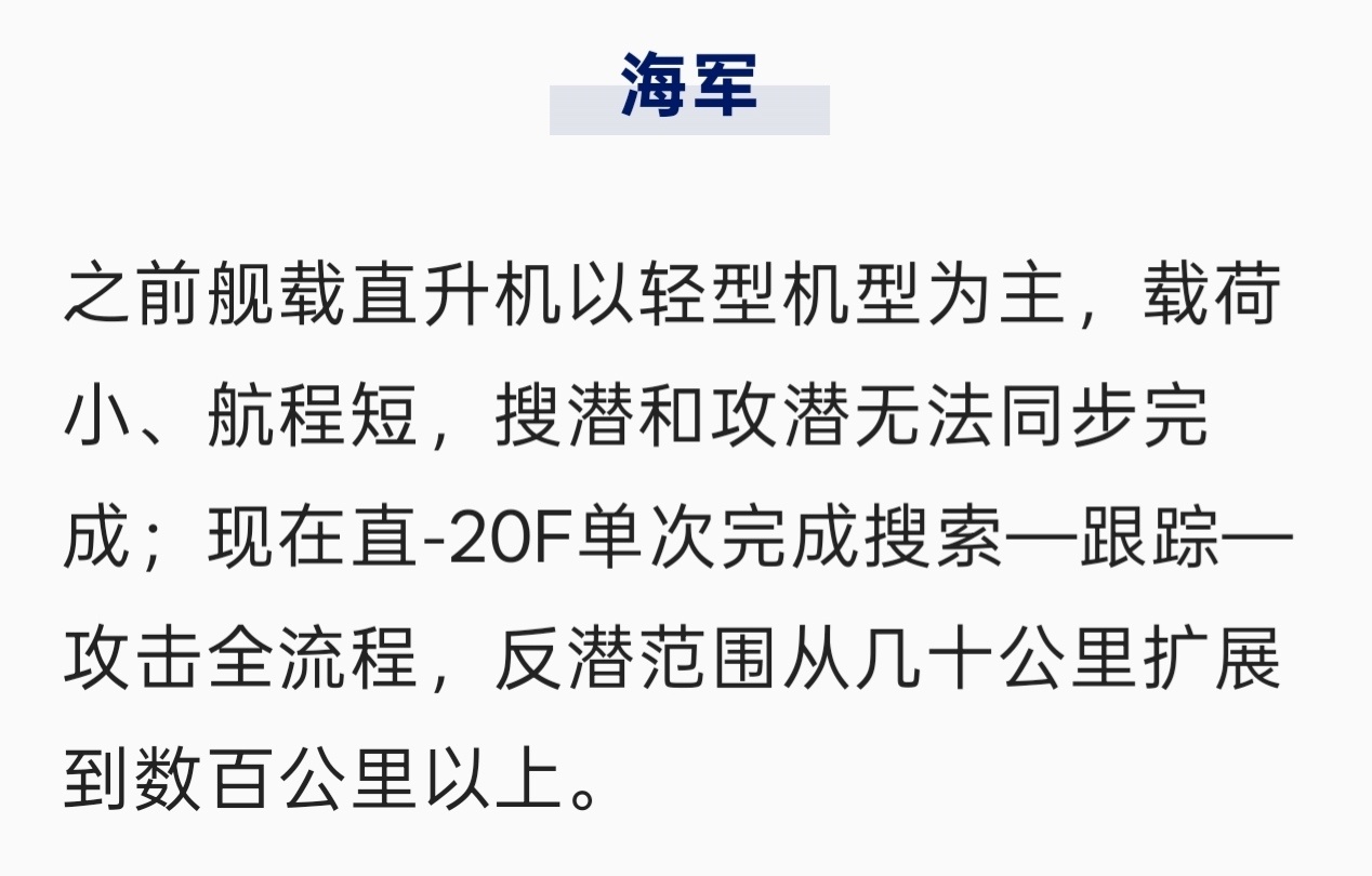 每天认识一件兵器直-20F是海军舰载反潜直升机，配备对海雷达、声呐浮标、吊放式声