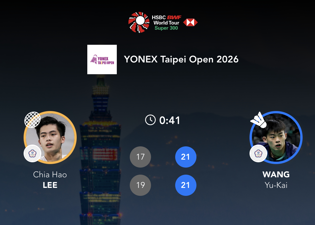 王渝凯 21-17、21-19 李佳豪2026年中国台北羽毛球公开赛羽毛球