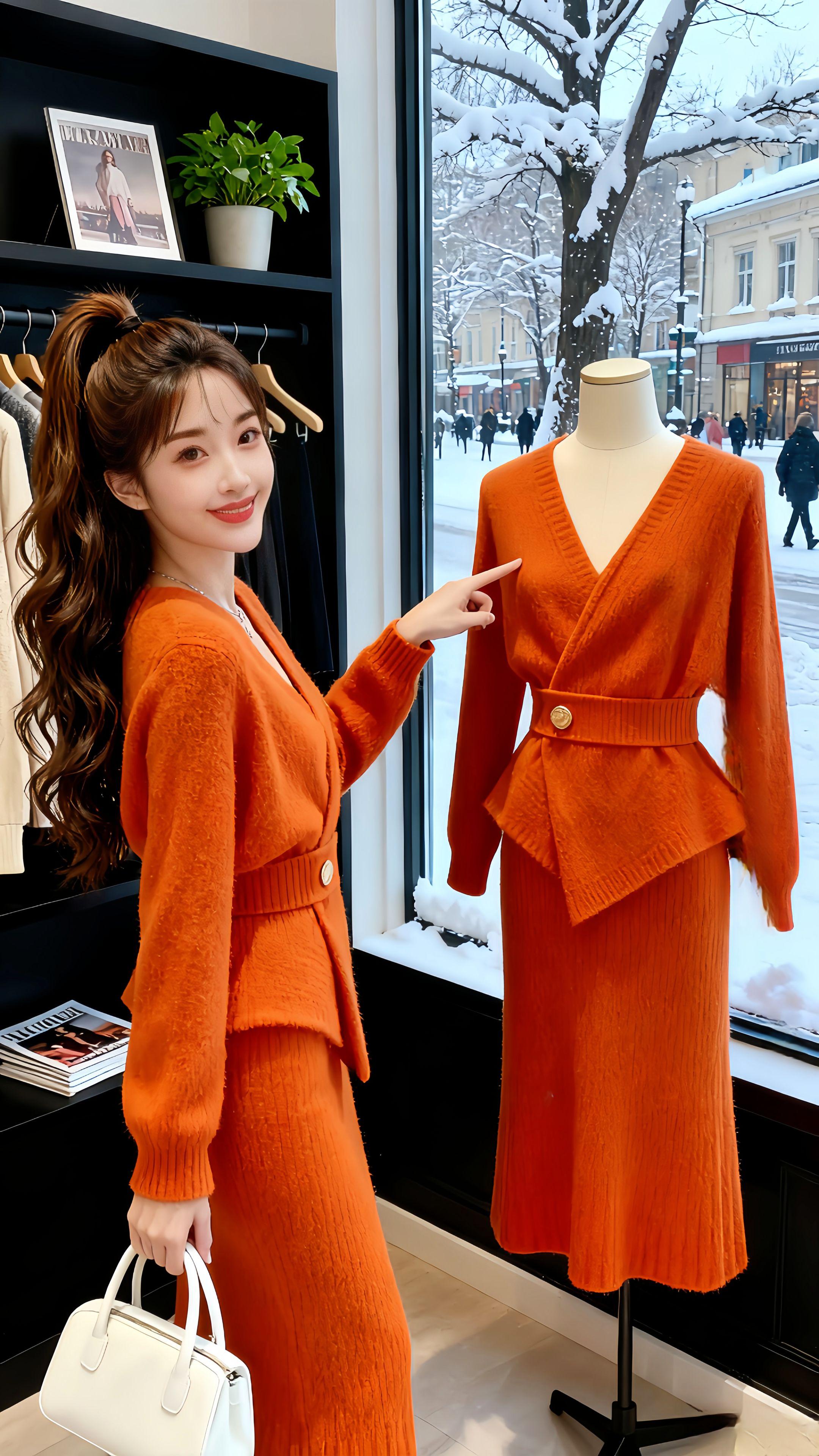 韩系冬季橘色针织套装｜重要场合气场拉满