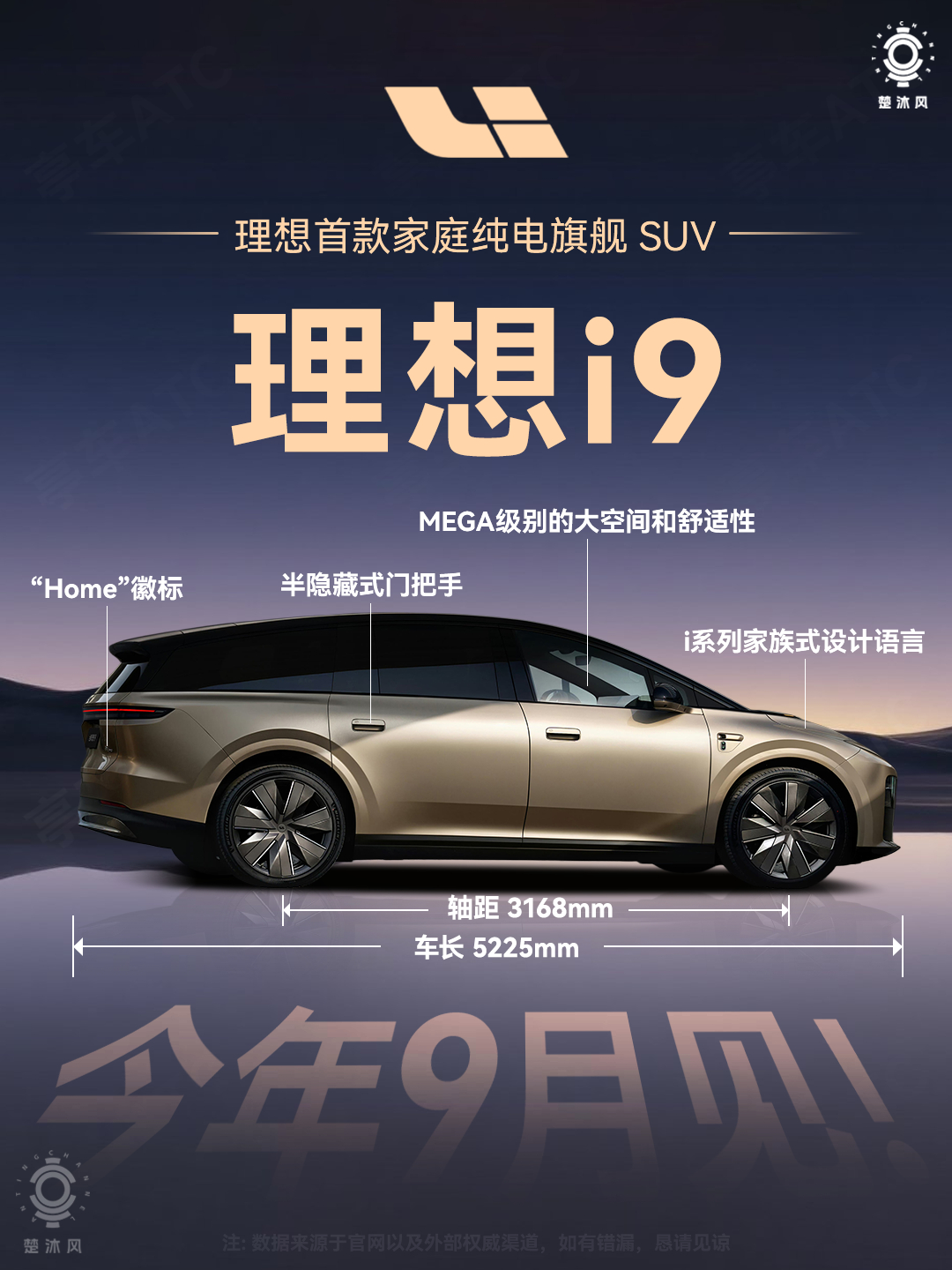理想i9，理想的9系纯电旗舰，终于来了。5225mm的车长、3168mm的轴距，