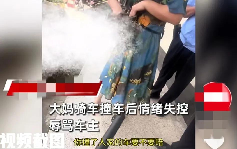 广东有一大妈骑车撞了人。

本来大妈只要客气一点赔礼道歉，也就没有什么事，毕竟只
