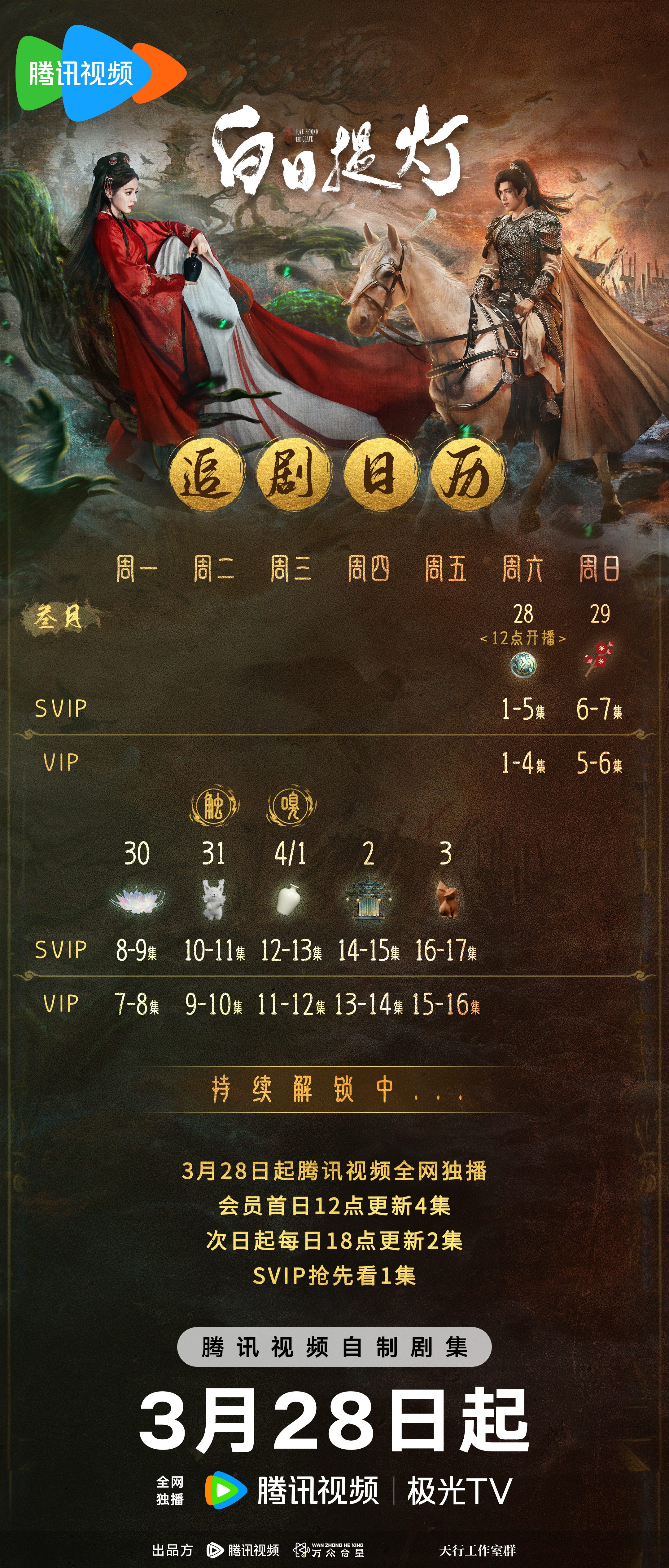 迪丽热巴《白日提灯》追剧日历，12点首播5集，连续6天双更，追剧体验极好，明天见