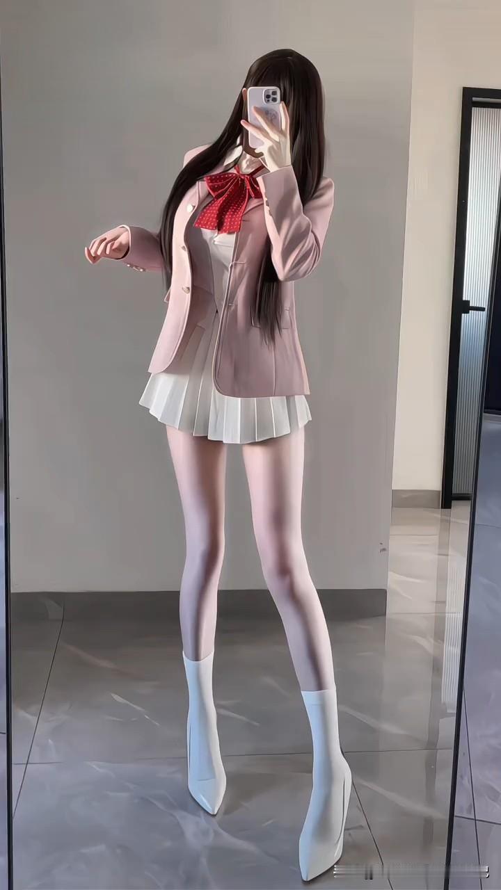 这套粉白学院风完美揉合了“甜辣元气感”——浅粉西装裹藏着软乎乎的温柔，红波点领结