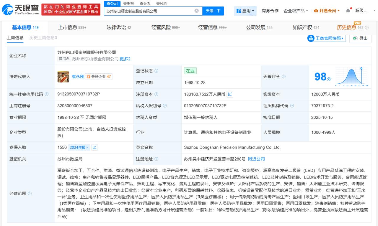 东山精密增资至18.3亿
天眼查工商信息显示，近日，东山精密发生工商变更，注册资
