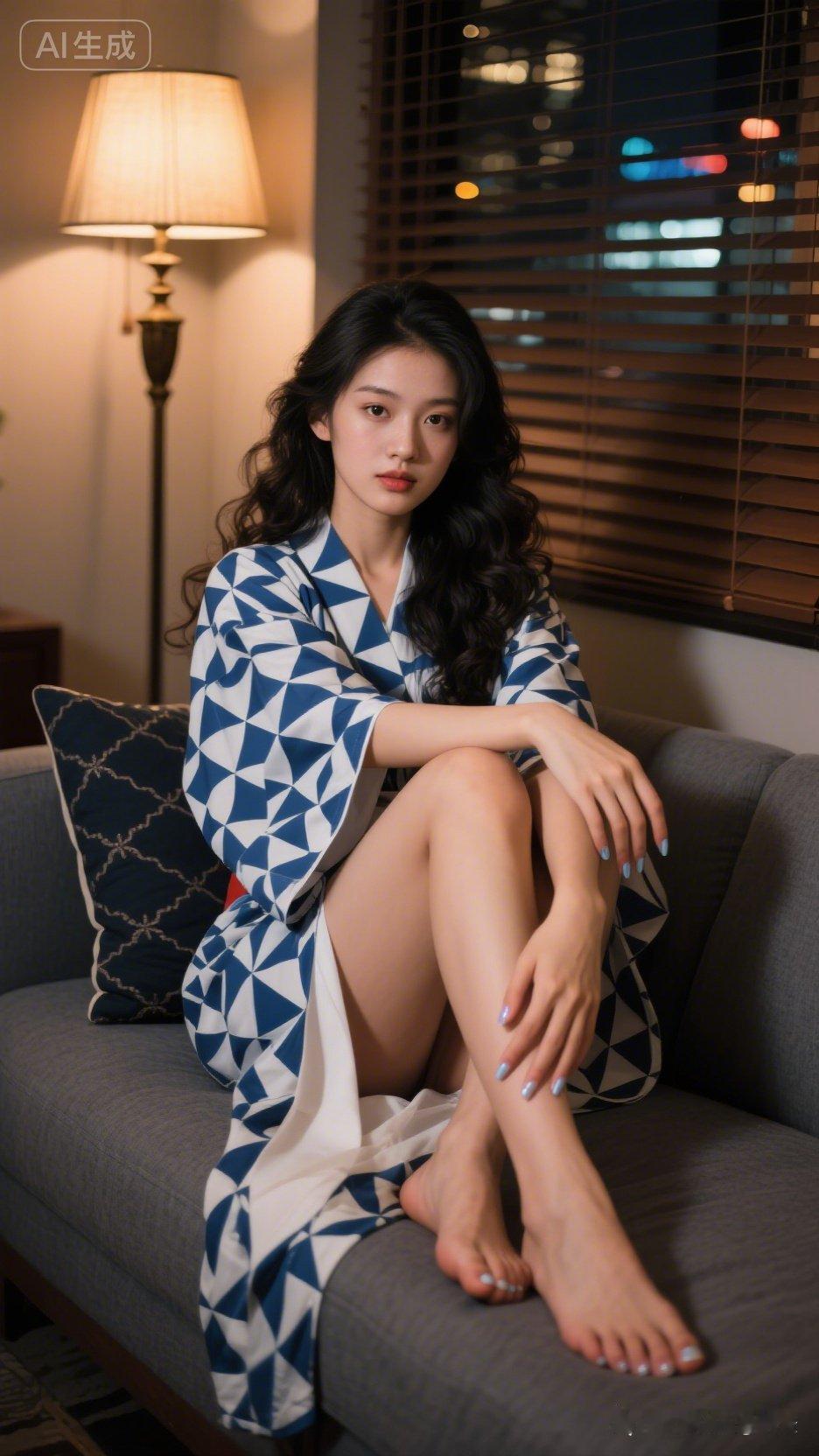 冷白皮美女着蓝白几何改良和服，慵懒坐姿，室内夜景氛围，胶片颗粒暗角虚焦，发丝肌肤