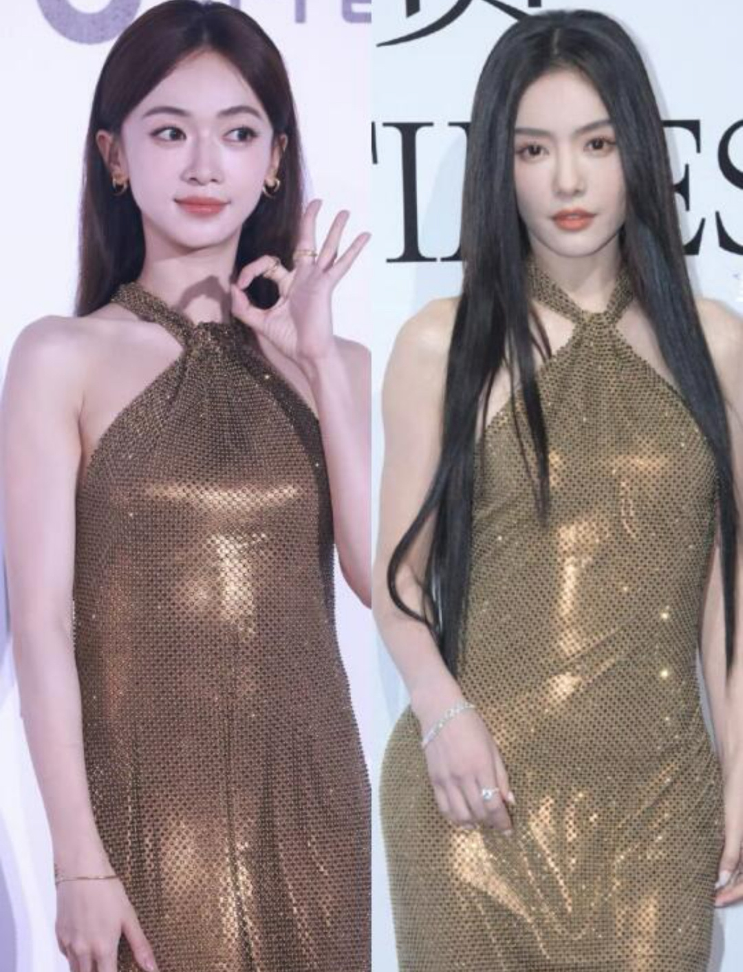 不是，这是同一款礼服嘛？！？蔡文静今日活动造型，黑长直加金色挂脖礼服，想起上次吴