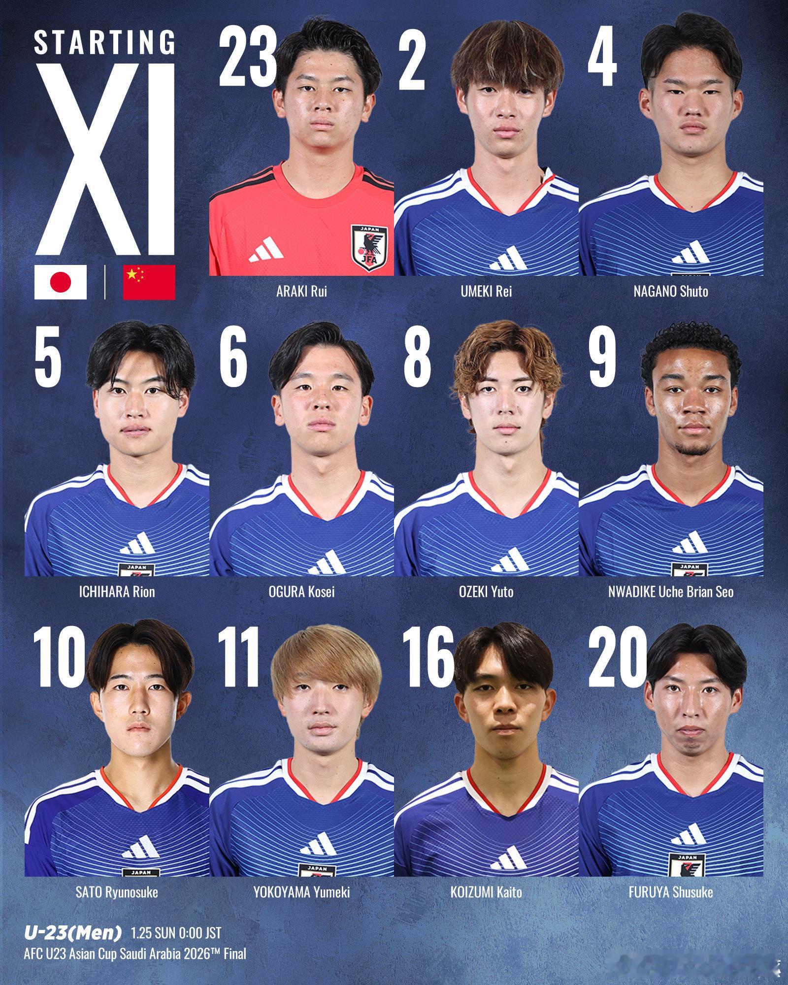 日本足球小将【决赛·先发】 u23日本代表 在沙特阿拉伯举行的2026亚足联AF