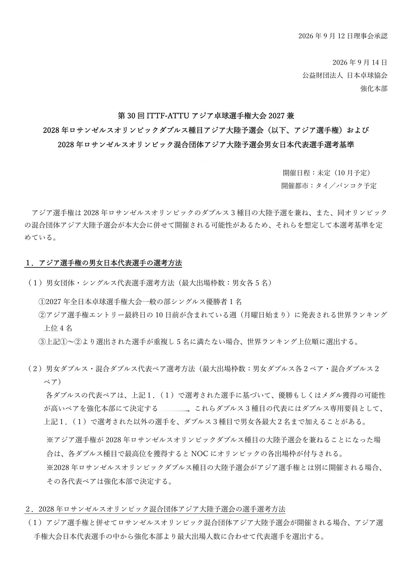 张本智和张本智和2027曼谷亚锦赛 202609142027年第30届ITTF-