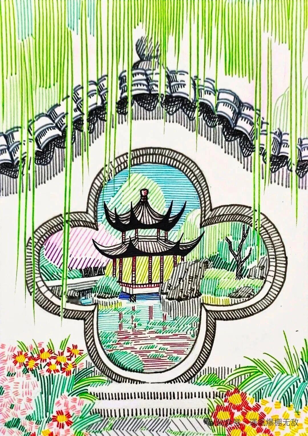 线条画真是太有魅力啦！分享一组园林，风景等彩色线条画，线条手绘图案 线条画临摹 