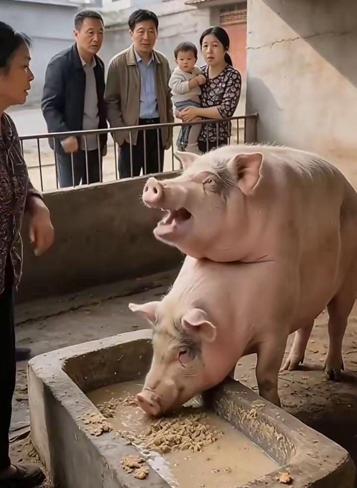 你能想象吗？老丈人家有头猪，居然长着两个头，这简直是闻所未闻啊！这猪一出现，瞬间