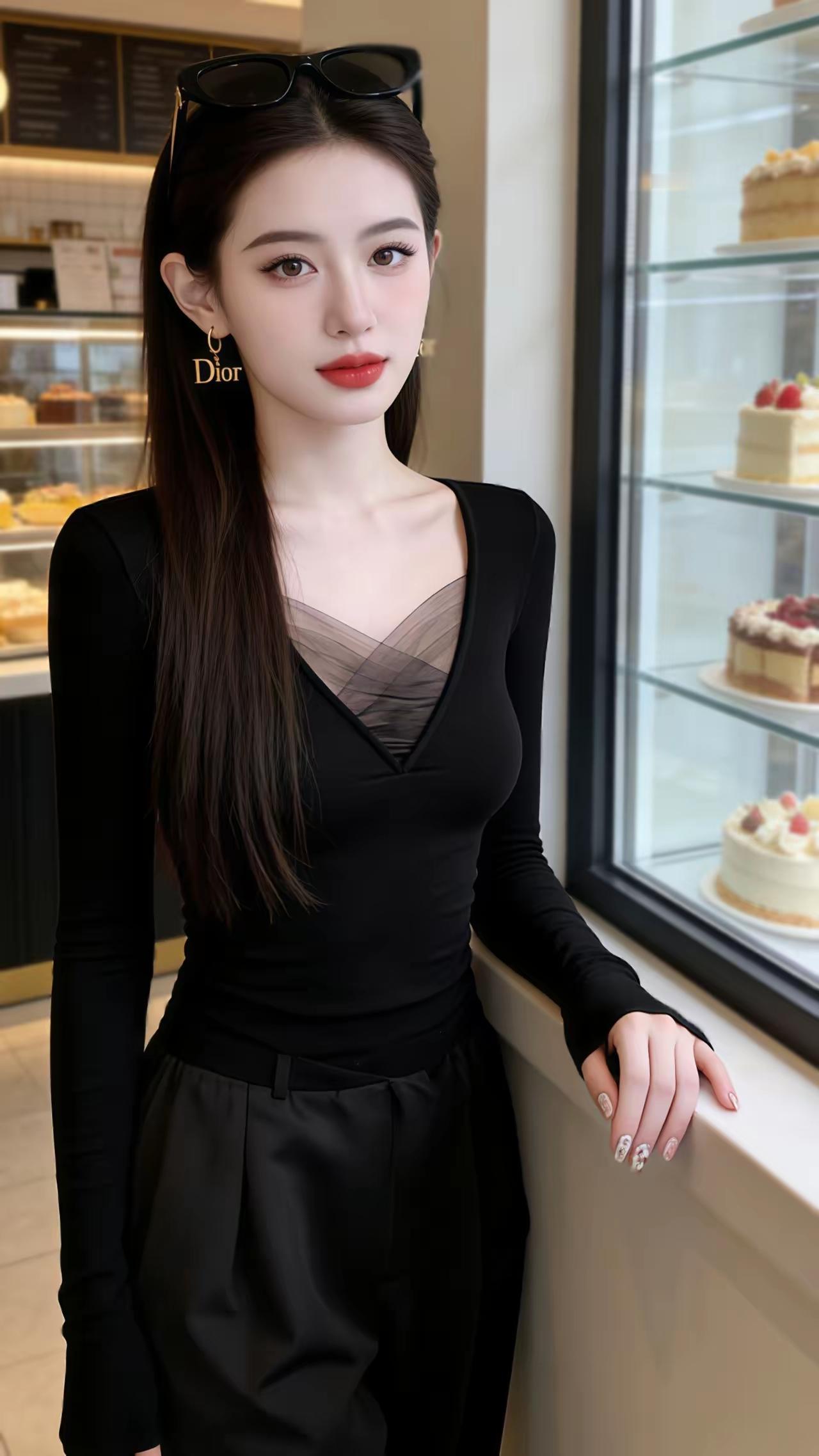 黑丝绒连衣裙，优雅气质，Dior耳环，精致妆容，甜品店背景，时尚穿搭