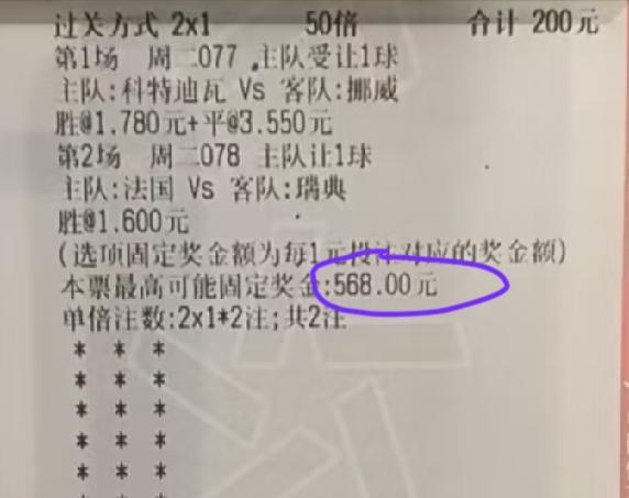 这张彩票的中奖额是不是标注的这个最高奖金568元？
法国vs瑞典这场，毋庸置疑，