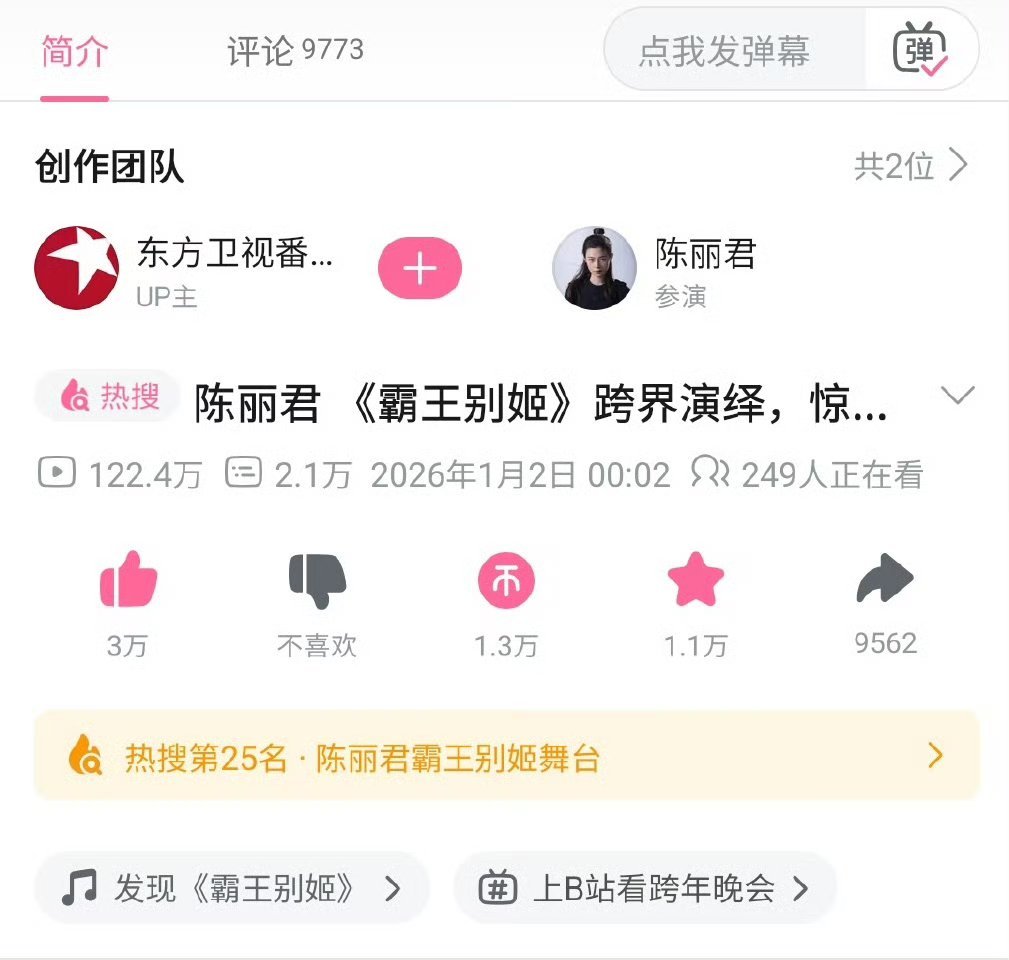 陈丽君跨年舞台《霸王别姬》b站视频这么快就破120w+播放量了，赞也达到了3w 