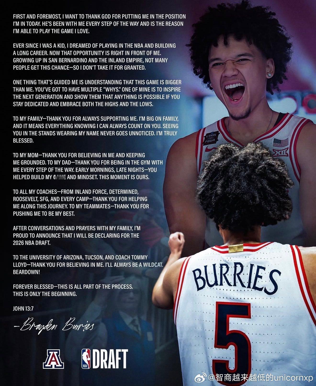 亚利桑那大学菜鸟后卫Brayden Burries申请参选NCAANBA