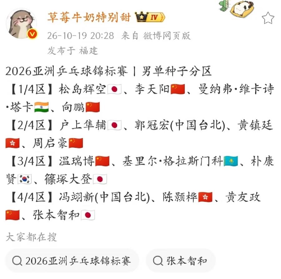 千呼万唤始出来，
亚锦赛的单打签表终于出炉了，
从昨天到今天真是不容易。

日本