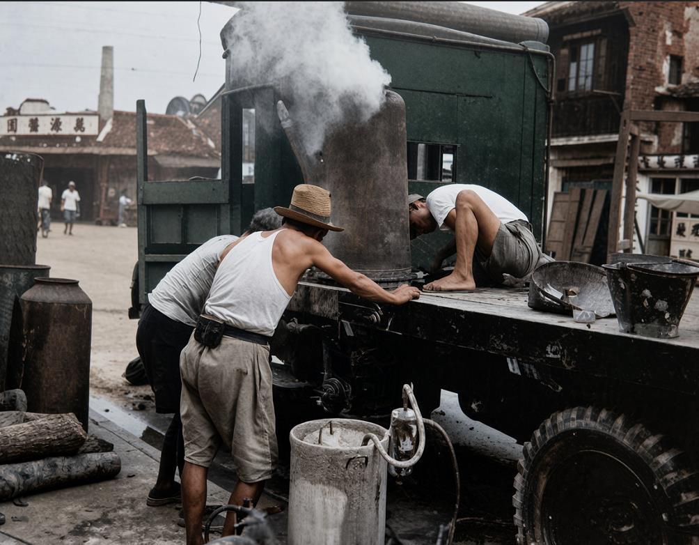 1949年7月解放之初，上海工人在福佑路一带改装木炭汽车。
在那个百废待兴的特殊