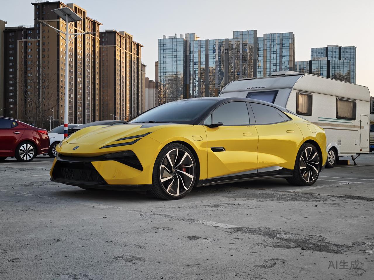 在停车场发现一台黄色路特斯EMEYA，这个颜色非常亮眼。非常有气质，我还是习惯称