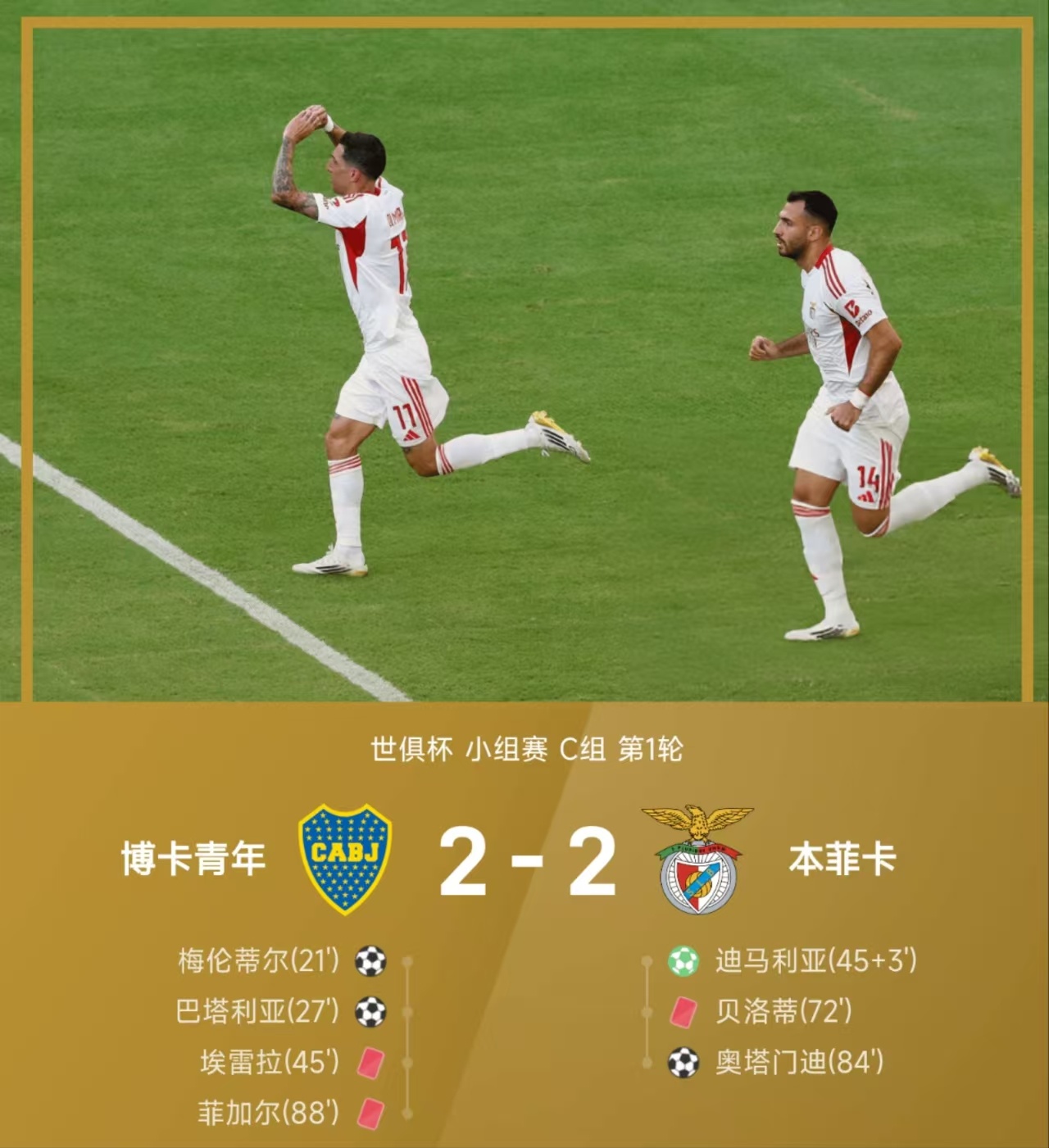 十人博卡青年2-2十人本菲卡，迪马利亚点射，奥塔门迪救主北京时间6月17日国际足