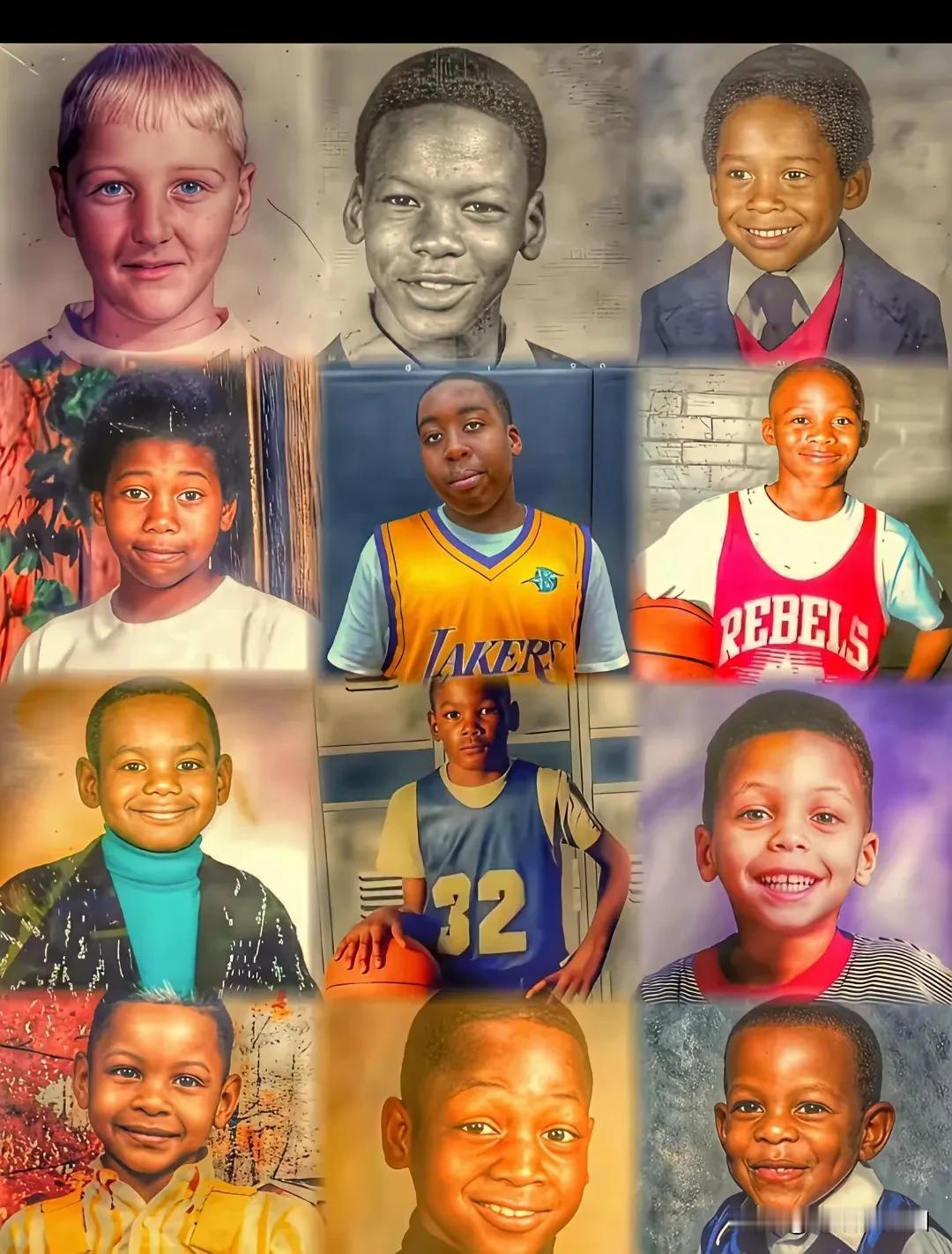 众老球星儿时图像，看看对不对？
一排：大鸟伯德，飞人乔丹，指环王拉塞尔。
二排：