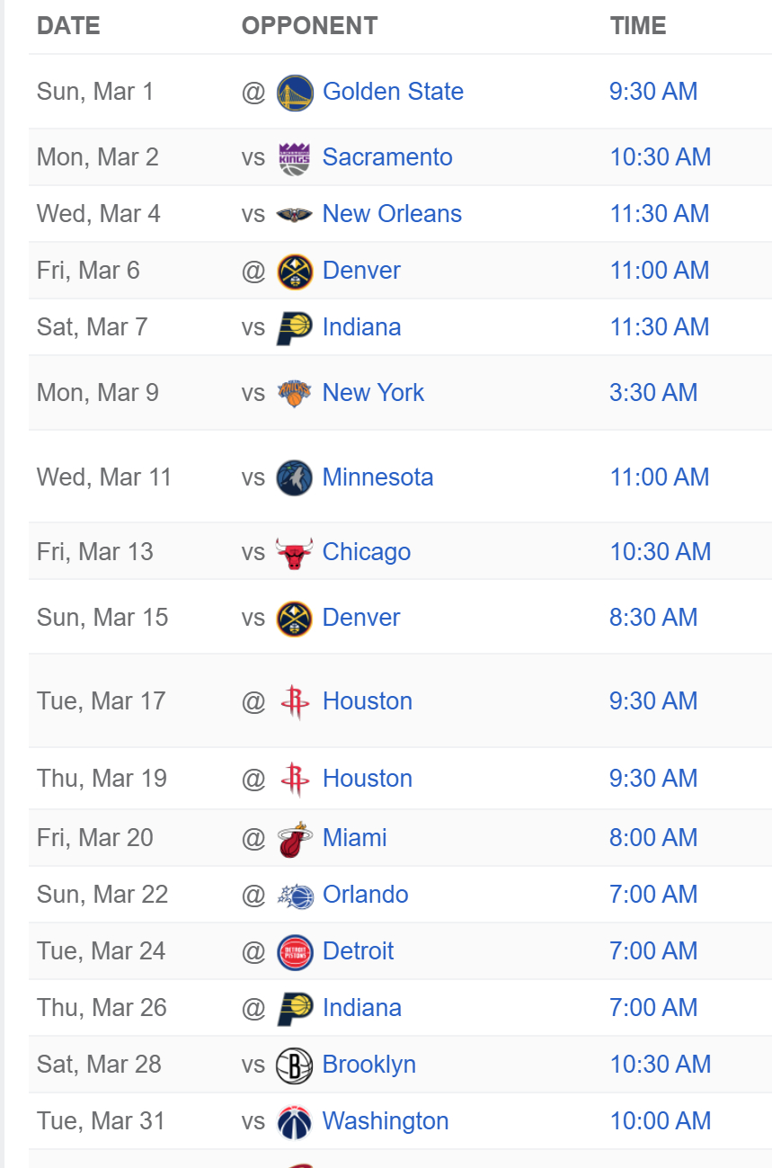 常规赛进入收官阶段了，即将到来的三月，湖人先从勇士主场开始，总计17场比赛，9个