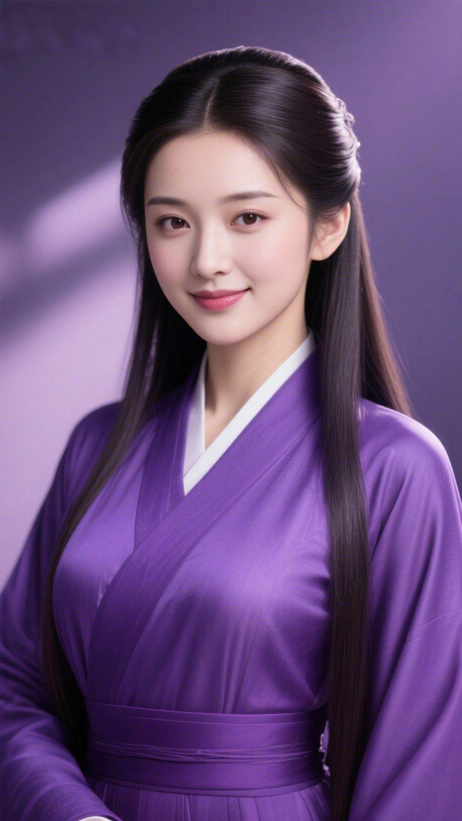 《紫襟衔雅，古意温栖》
 
淡紫柔光轻覆襟袖时，她立在浅影间，紫衣素带裹着温静的