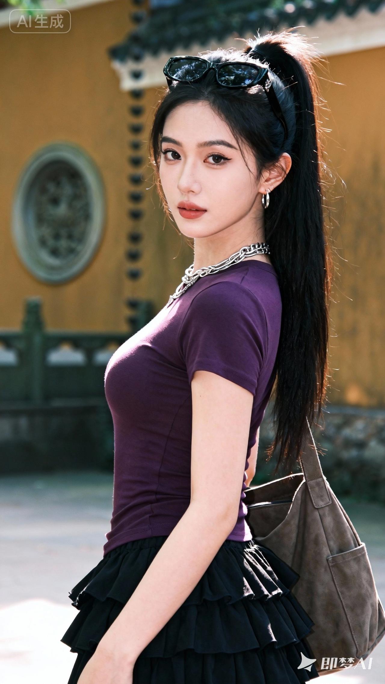 紫色上衣+黑色百褶裙，搭配墨镜和链条项链，轻松出街！🌞👗👜