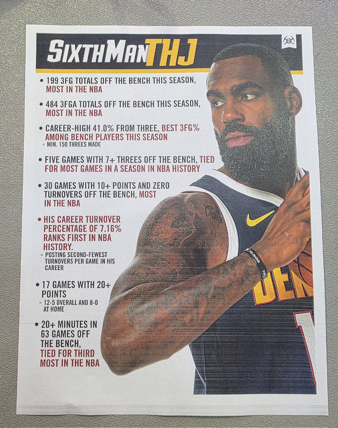 球队在媒体室给每一位记者朋友发了一张传单，号召各位正视小哈达威应该当选最佳第六人