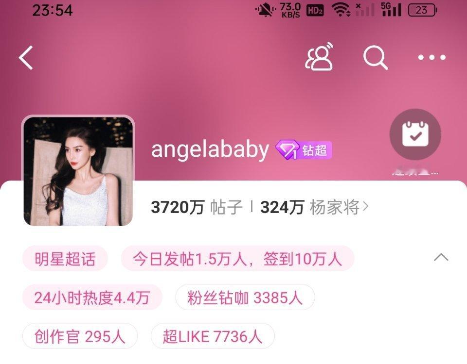 angelababy签到人数连续两天10w了，超like破7700+人比昨天还高